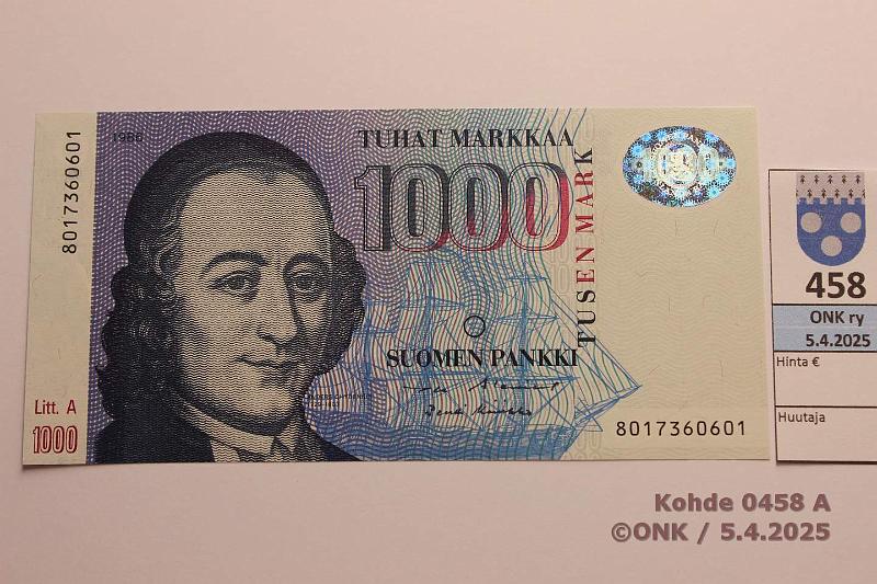 k-0458-a.jpg - Kohde 458 (kuva 1/2), lhthinta: 200 € / ei tarjouksia 1000 mk 1986 LA SNY 201.3.1 8017360601 AL II-Ko2, kunto: 9