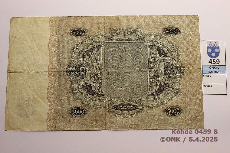 k-0459-b.jpg - Kohde 459 (kuva 2/2), lhthinta: 120 € / myyntihinta: 185 € 5000 mk 1945 LA SNY 204.1.1 M823131 KIV-Car, prep, keskireik, kunto: 3