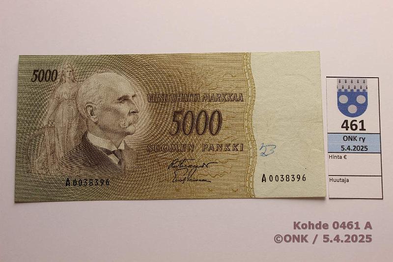 k-0461-a.jpg - Kohde 461 (kuva 1/2), lhthinta: 130 € / myyntihinta: 130 € 5000 mk 1955 SNY 205.1.1 A0038396 FIE-Lei, harv ak-pari (v), km, sil, neulanreik, kunto: 4