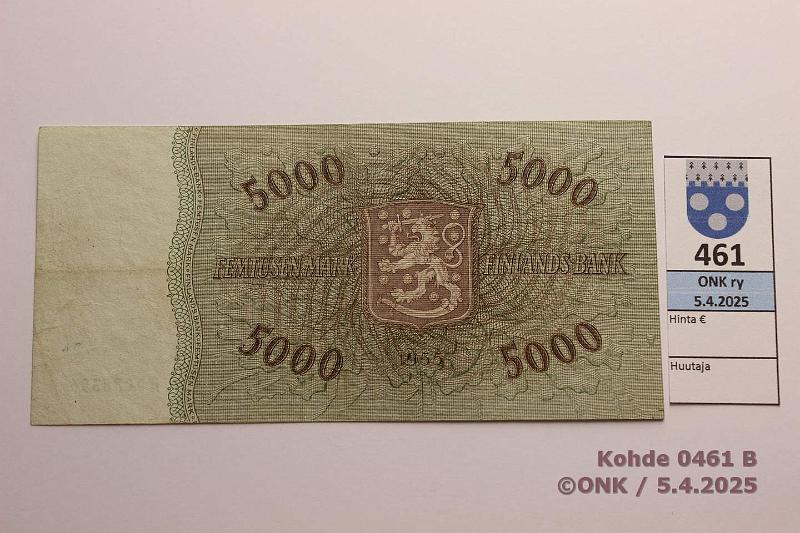 k-0461-b.jpg - Kohde 461 (kuva 2/2), lhthinta: 130 € / myyntihinta: 130 € 5000 mk 1955 SNY 205.1.1 A0038396 FIE-Lei, harv ak-pari (v), km, sil, neulanreik, kunto: 4