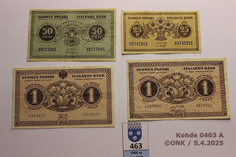 k-0463-a.jpg - Kohde 463, lhthinta: 10 € / myyntihinta: 10 € 25 p - 1 mk (4) 1916-18 25p JR - The, 50p JR - His, 1mk -16 JR - Ml, -18 JR - His, kunto: 3-5