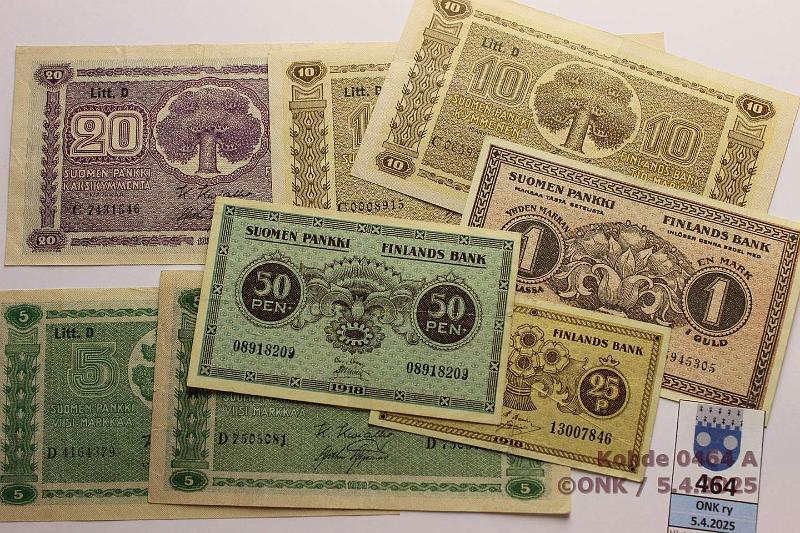 k-0464-a.jpg - Kohde 464, lhthinta: 15 € / myyntihinta: 17 € 25 p - 20 mk (8) 1918-39 25p, 50p + 1mk 1918; 5(2), 10(2) + 20mk LD -39, kunto: 4-7