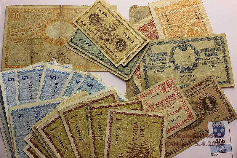 k-0466-a.jpg - Kohde 466, lhthinta: 15 € / myyntihinta: 18 € 25 p - 20 mk (45) 1898-1963 25p(2) + 50p(2) -18; 1mk -15, -16, -63(20) mm.sarjat S, N ja V; 5mk -09, -45, -63(14); 10mk 1898, -45; 20mk -09 KV. Osa pehmoja, kunto: 2-6