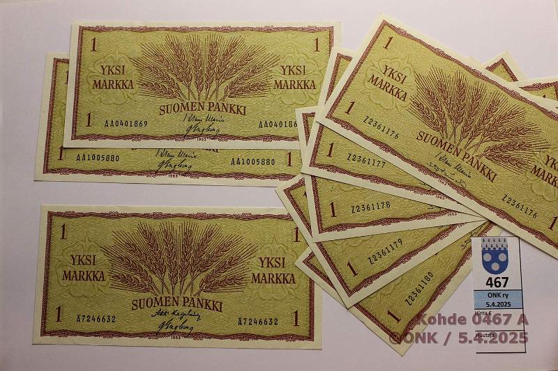 k-0467-a.jpg - Kohde 467, lhthinta: 10 € / myyntihinta: 13 € 1 mk (8) 1963 AA WAR-Eng(2); Z WAR-Tr(5);  KA I-Eng, kunto: 9
