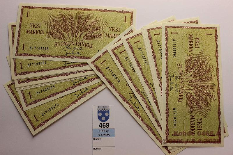 k-0468-a.jpg - Kohde 468, lhthinta: 5 € / myyntihinta: 11 € 1 mk (25) 1963 AI7103574-88 ja AI7103501-510 KO I-Ara, kunto: 9