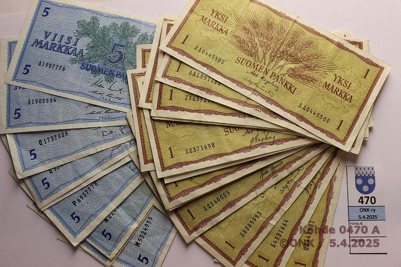 k-0470-a.jpg - Kohde 470, lhthinta: 10 € / myyntihinta: 10 € 1 + 5 mk (18+10) 1963 1mk Z, , ,  ja AA-sarjoja(18); 5mk LA A..KO II-Pu1(2), LB E, M, N, P ja Q-sarjoja(8), kunto: 3-8