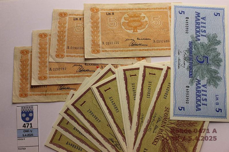 k-0471-a.jpg - Kohde 471, lhthinta: 10 € / myyntihinta: 10 € 1 + 5 mk (25+5) 1945-63 1mk -63 Z,  ja -sarjoja(25); 5mk -45 LB A..KEK-Car, KEK-Wah(3), -63 LB Q..KU I-H1, kunto: 4-9