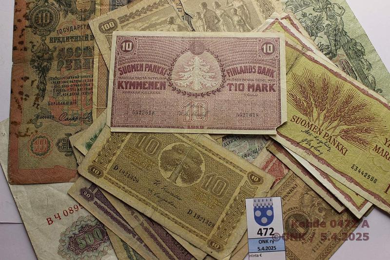 k-0472-a.jpg - Kohde 472, lhthinta: 5 € / myyntihinta: 7 € 1 - 100 mk (14+3) 1918-63 1mk -18, -63(3); 5mk -39; 10mk -18, -39, -45 LA; 20mk -22 LC, -39(2), -45 LA(2); 100mk -39. Lisksi Venj 1r 1898, 10r 1909 ja 500r 1912(kl3), kunto: 0-4