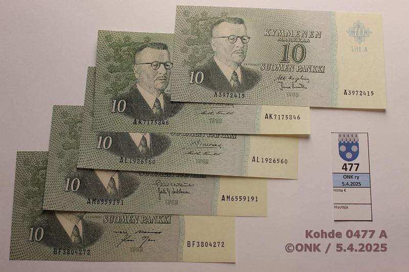 k-0477-a.jpg - Kohde 477, lhthinta: 30 € / myyntihinta: 33 € 10 mk (5) 1963 LA ..KA I-Ara; AK..SIM-Pu1; AL..SIM-Pu1; AM..HET-Vou; BF..AL I-Nar, kunto: 9