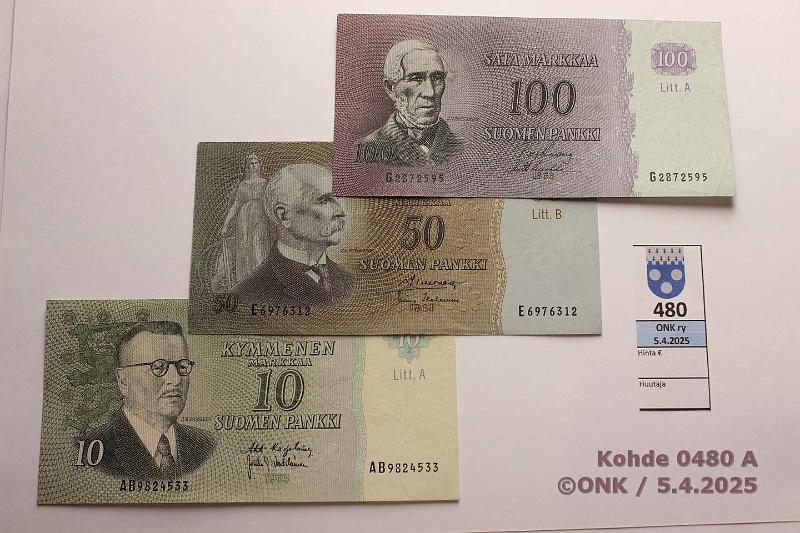 k-0480-a.jpg - Kohde 480, lhthinta: 20 € / myyntihinta: 22 € 10 - 100 mk (3) 1963 10mk LA AB..KA I-Vou; 50mk LB E..SIM-Hes; 100mk LA G..KU I-Luu. Silitettyj, kunto: 4