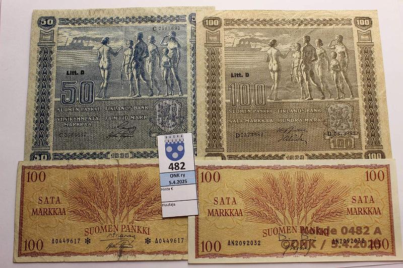k-0482-a.jpg - Kohde 482 (kuva 1/2), lhthinta: 40 € / myyntihinta: 40 € 50 + 100 mk (1+7) 1939-57 50mk -39 C..RAN-AAs vl2; 100mk -39 D..JUT-Als vl2, -45 LB AG..JUT-AAs, AU..FIE-Eng, harv ak-pari(v), -55, -57(2), -57*(iso rep kl3), kunto: 3-7