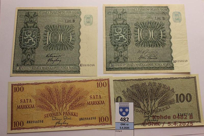 k-0482-b.jpg - Kohde 482 (kuva 2/2), lhthinta: 40 € / myyntihinta: 40 € 50 + 100 mk (1+7) 1939-57 50mk -39 C..RAN-AAs vl2; 100mk -39 D..JUT-Als vl2, -45 LB AG..JUT-AAs, AU..FIE-Eng, harv ak-pari(v), -55, -57(2), -57*(iso rep kl3), kunto: 3-7