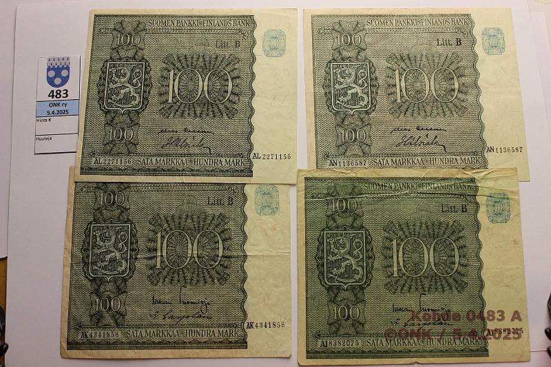 k-0483-a.jpg - Kohde 483, lhthinta: 15 € / myyntihinta: 19 € 100 mk (4) 1945 LB AI..TUO-Car; AK..TUO-Car; AL..KEK-Als; AN..KEK-Als, kunto: 3-4