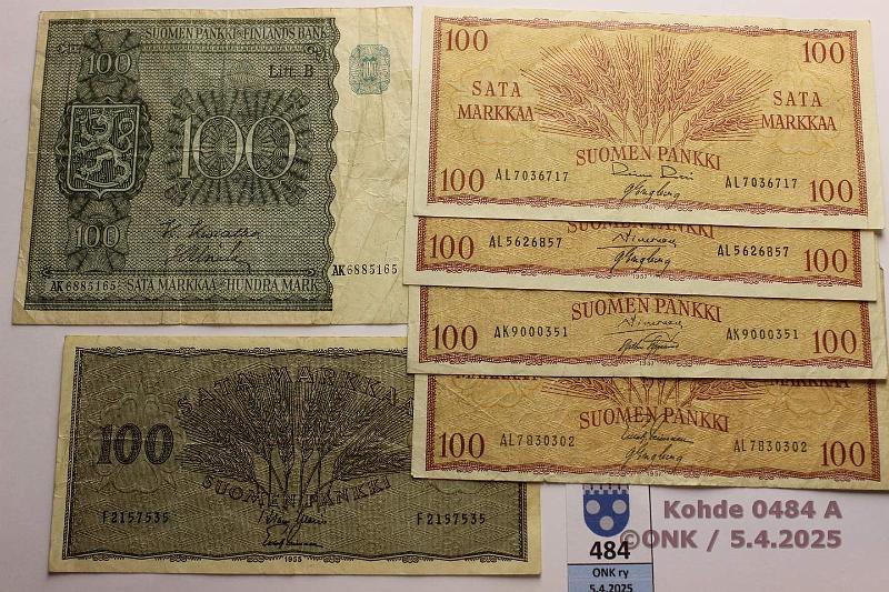 k-0484-a.jpg - Kohde 484, lhthinta: 12 € / myyntihinta: 14 € 100 mk (6) 1945-57 -45 LB AK..KIV-Als; -55 F..WAR-Lei; -57 AK..SIM-AAs, AL..SIM-Eng, RO I-Eng, LEI-Eng, kunto: 3-5