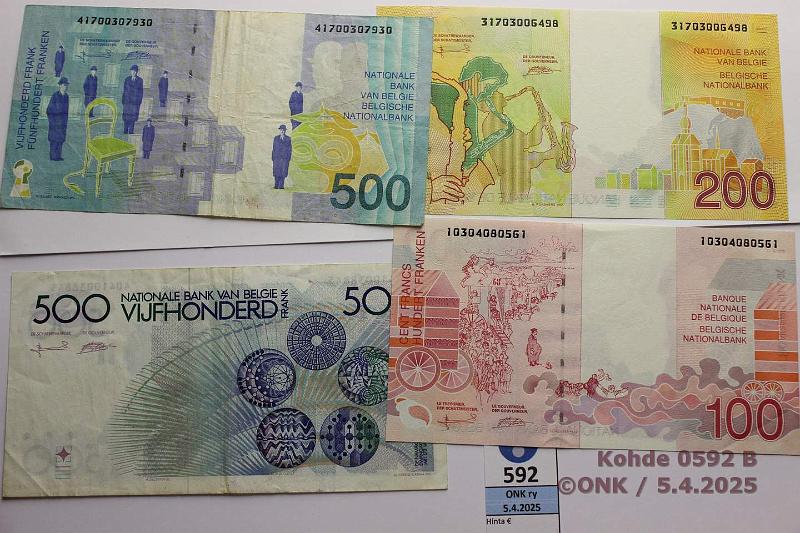 k-0592-b.jpg - Kohde 592 (kuva 2/2), lhthinta: 18 € / myyntihinta: 34 € Belgia 100 + 200 + 500 fr (1+1+2) ND KM#141, 146-8, kunto: 4-9