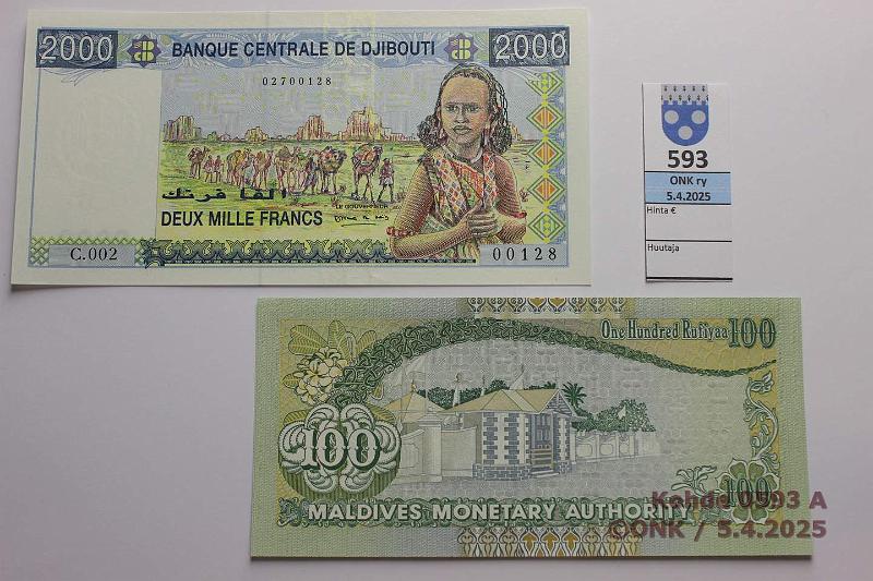 k-0593-a.jpg - Kohde 593 (kuva 1/2), lhthinta: 25 € / ei tarjouksia Djibouti 2000 fr + Malediivit 100 rufiya 2000 P#43, 22a, kunto: 9, 10