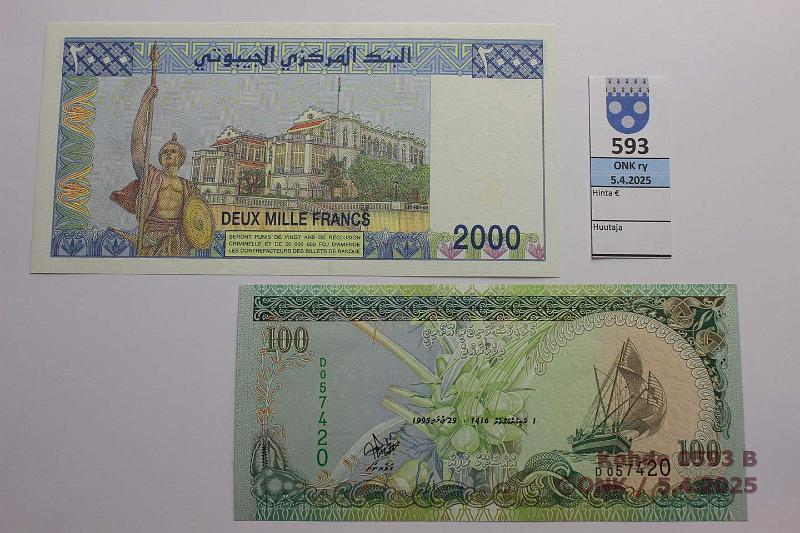 k-0593-b.jpg - Kohde 593 (kuva 2/2), lhthinta: 25 € / ei tarjouksia Djibouti 2000 fr + Malediivit 100 rufiya 2000 P#43, 22a, kunto: 9, 10