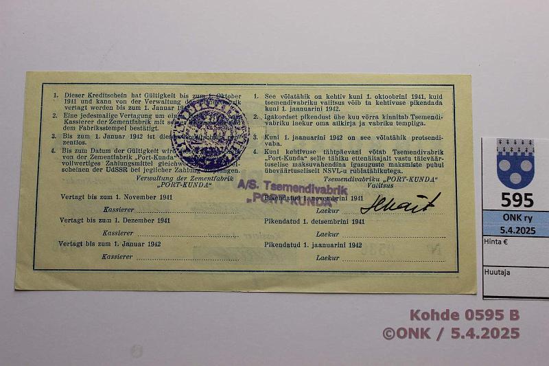 k-0595-b.jpg - Kohde 595 (kuva 2/2), lhthinta: 25 € / myyntihinta: 27 € Eesti Port Kunda 1 rpl 1941 n:o 0536 Pssi-Bogojavlenski-Vasepuru, kunto: 7