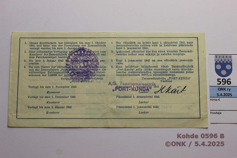 k-0596-b.jpg - Kohde 596 (kuva 2/2), lhthinta: 15 € / myyntihinta: 17 € Eesti Port Kunda 1 rpl 1941 n:o 1464 Pssi-Sprenk-Vasepuru, kunto: 5