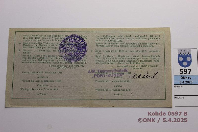 k-0597-b.jpg - Kohde 597 (kuva 2/2), lhthinta: 20 € / myyntihinta: 20 € Eesti Port Kunda 3 rpl 1941 n:o 1060 Pssi-Sprenk-Vasepuru, kunto: 8