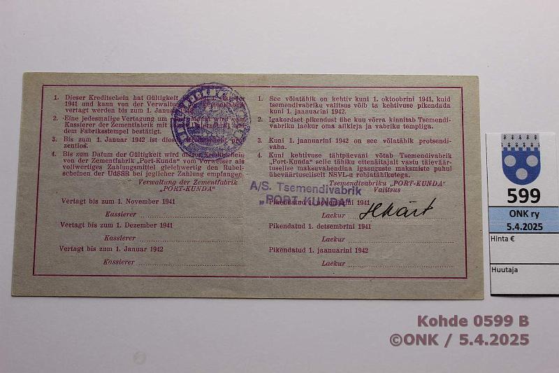 k-0599-b.jpg - Kohde 599 (kuva 2/2), lhthinta: 20 € / myyntihinta: 20 € Eesti Port Kunda 5 rpl 1941 n:o 1492 Pssi-Sprenk-Vasepuru, tahra, kunto: 8