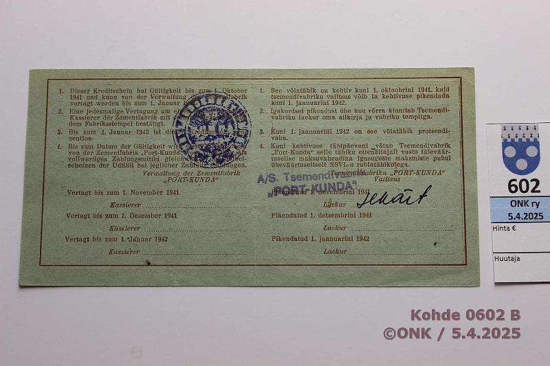 k-0602-b.jpg - Kohde 602 (kuva 2/2), lhthinta: 20 € / myyntihinta: 20 € Eesti Port Kunda 25 rpl 1941 n:o 0410 Roonemaa-Bogojavlenski-Vasepuru, kunto: 8