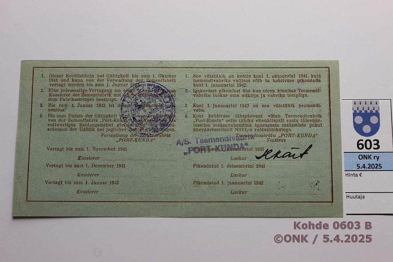 k-0603-b.jpg - Kohde 603 (kuva 2/2), lhthinta: 20 € / myyntihinta: 20 € Eesti Port Kunda 25 rpl 1941 n:o 0964 Pssi-Bogojavlenski-Vasepuru, kunto: 8