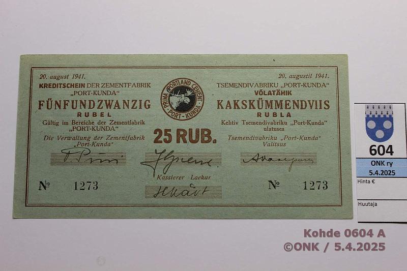 k-0604-a.jpg - Kohde 604 (kuva 1/2), lhthinta: 30 € / myyntihinta: 30 € Eesti Port Kunda 25 rpl 1941 n:o 1273 Pssi-Sprenk-Vasepuru, kaksi pient kulmateitetta, kunto: 9