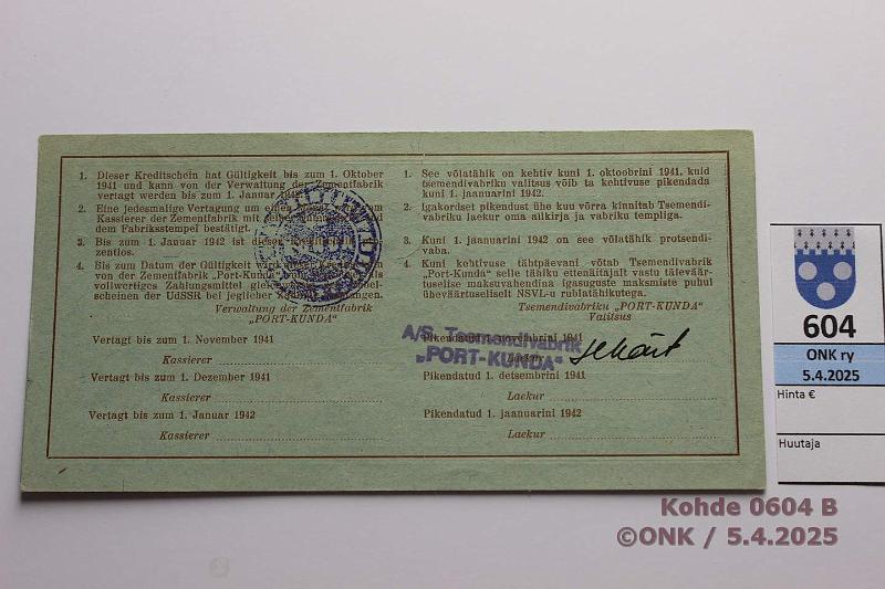 k-0604-b.jpg - Kohde 604 (kuva 2/2), lhthinta: 30 € / myyntihinta: 30 € Eesti Port Kunda 25 rpl 1941 n:o 1273 Pssi-Sprenk-Vasepuru, kaksi pient kulmateitetta, kunto: 9