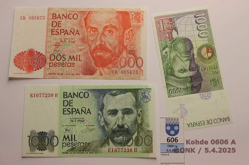 k-0606-a.jpg - Kohde 606 (kuva 1/2), lhthinta: 15 € / myyntihinta: 25 € Espanja 1000 - 2000 ptas (3) 1979-92 P#158, 159, 163 1000p -79, -92; 2000p -80, kunto: 9