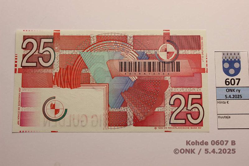 k-0607-b.jpg - Kohde 607 (kuva 2/2), lhthinta: 40 € / ei tarjouksia Hollanti 25 gulden 1989 P#100, kunto: 9
