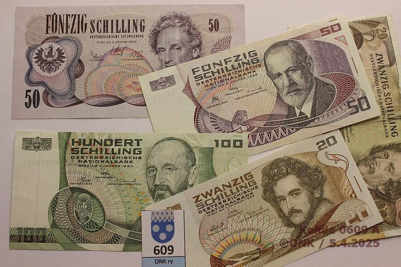 k-0609-a.jpg - Kohde 609, lhthinta: 10 € / myyntihinta: 13 € Itvalta 20 - 100 sch (5) 1967-86 KM#142-143, 148-150 20s -67, -86; 50s -70, -86; 100s -84, kunto: 4-9
