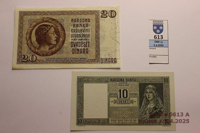 k-0613-a.jpg - Kohde 613 (kuva 1/2), lhthinta: 25 € / ei tarjouksia Jugoslavia 10 + 20 din 1939 P#30, 35 20d vrjym reunassa, pyristyneet nurkat, ei taitteita, kunto: 9, 8