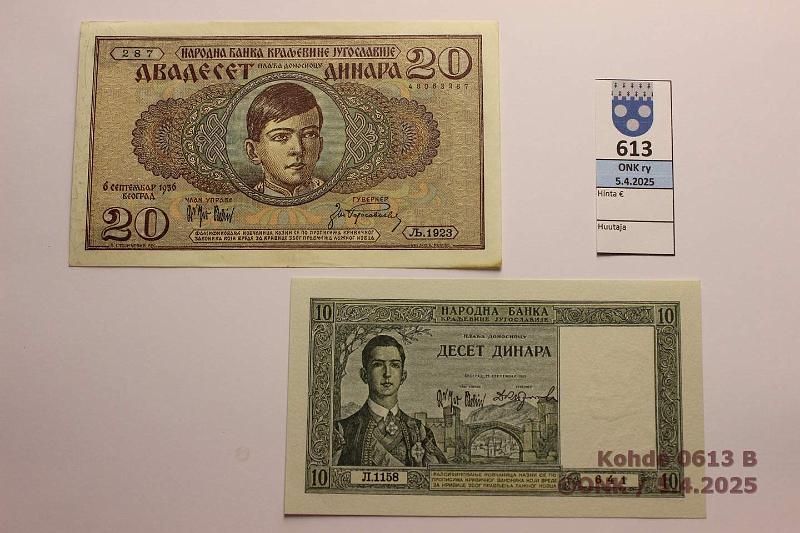 k-0613-b.jpg - Kohde 613 (kuva 2/2), lhthinta: 25 € / ei tarjouksia Jugoslavia 10 + 20 din 1939 P#30, 35 20d vrjym reunassa, pyristyneet nurkat, ei taitteita, kunto: 9, 8