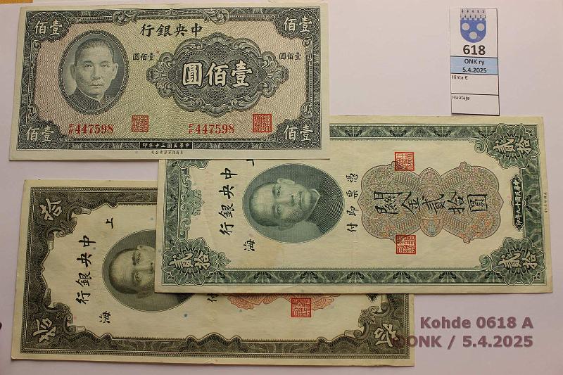 k-0618-a.jpg - Kohde 618 (kuva 1/2), lhthinta: 8 € / myyntihinta: 12 € Kiina 10 - 100 yuan (3) 1930-41 P#327, 328, 243 The Central Bank of China, 10 ja 20 customs gold units 1930; 100 yuan 1941, kunto: 6, 5, 7