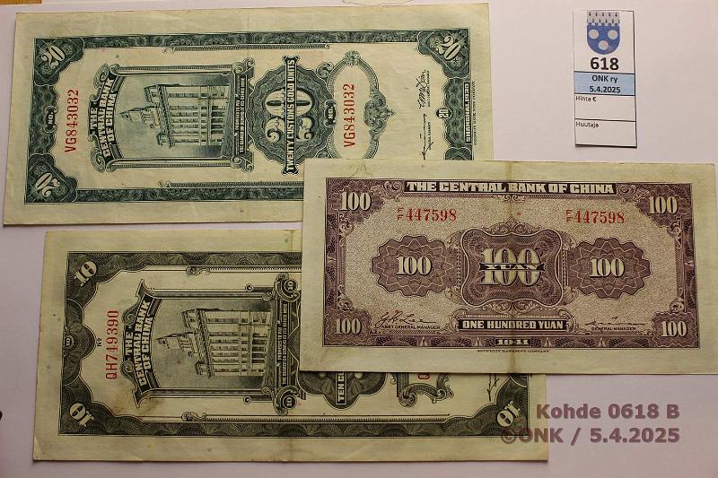 k-0618-b.jpg - Kohde 618 (kuva 2/2), lhthinta: 8 € / myyntihinta: 12 € Kiina 10 - 100 yuan (3) 1930-41 P#327, 328, 243 The Central Bank of China, 10 ja 20 customs gold units 1930; 100 yuan 1941, kunto: 6, 5, 7