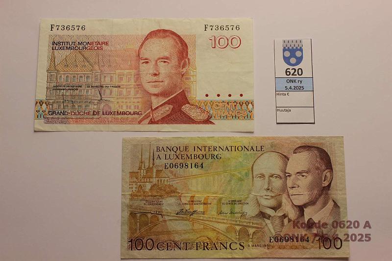k-0620-a.jpg - Kohde 620 (kuva 1/2), lhthinta: 5 € / myyntihinta: 12 € Luxemburg 100 cent francs (2) 1981, ND(-86) P#14A, 52, kunto: 4