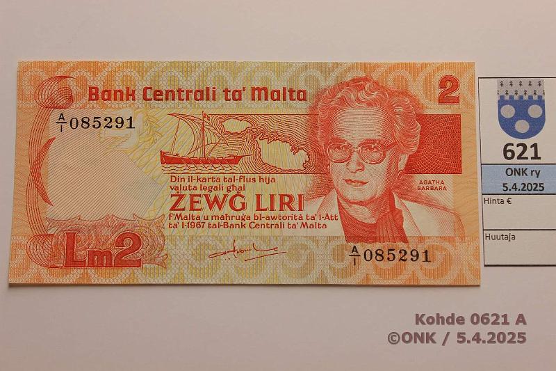 k-0621-a.jpg - Kohde 621 (kuva 1/2), lhthinta: 5 € / myyntihinta: 16 € Malta 2 liri ND (1986) P#37 Agatha Barbara, kunto: 9