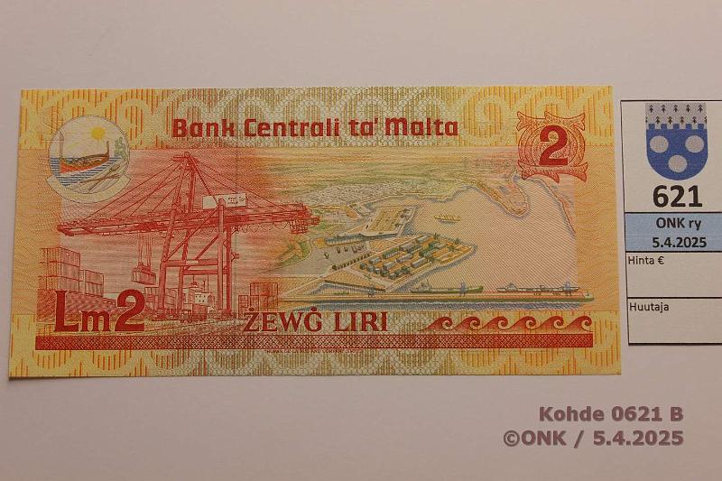 k-0621-b.jpg - Kohde 621 (kuva 2/2), lhthinta: 5 € / myyntihinta: 16 € Malta 2 liri ND (1986) P#37 Agatha Barbara, kunto: 9