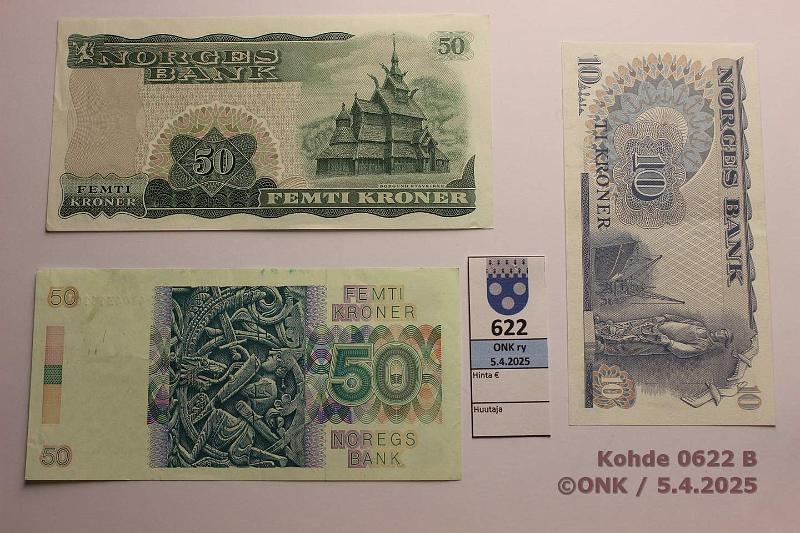 k-0622-b.jpg - Kohde 622 (kuva 2/2), lhthinta: 15 € / myyntihinta: 21 € Norja 10 + 50 kr (1+2) 1971-89 P#36, 37, 42 10k -83; 50k -71, -89, kunto: 8