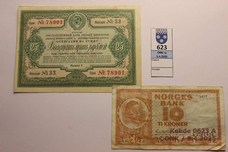 k-0623-a.jpg - Kohde 623 (kuva 1/2), lhthinta: 5 € / ei tarjouksia Norja + Neuvostoliitto Norja 10kr 1971; CCCP 25rpl oblikaatiolaina 1939, kunto: 4, 9