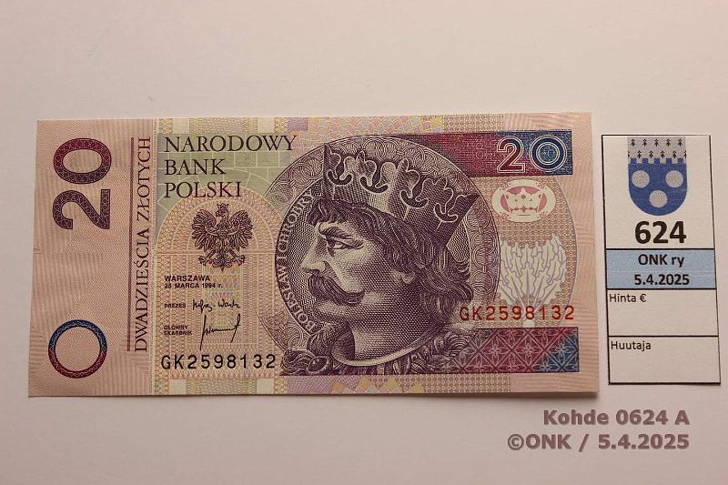 k-0624-a.jpg - Kohde 624 (kuva 1/2), lhthinta: 5 € / myyntihinta: 14 € Puola 20 zl 1994 P#174, kunto: 9