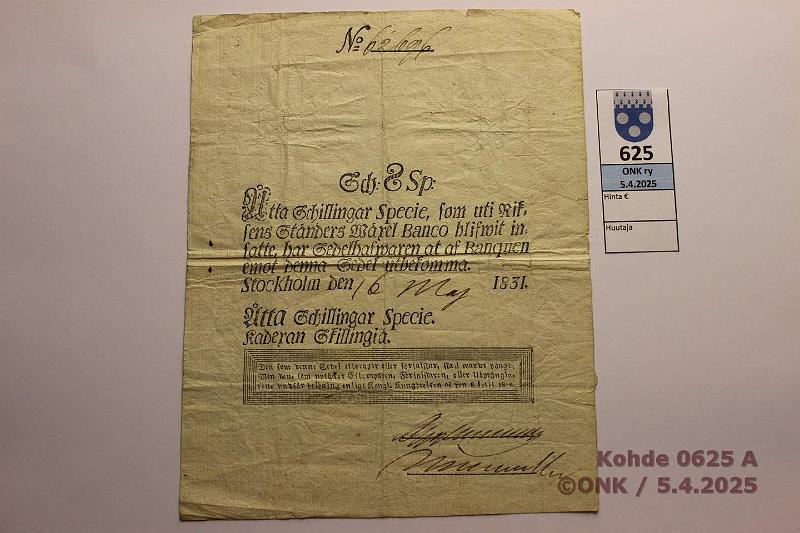 k-0625-a.jpg - Kohde 625 (kuva 1/2), lhthinta: 70 € / ei tarjouksia Ruotsi 8 sk SP 1831 Prep, preiki, kunto: 4