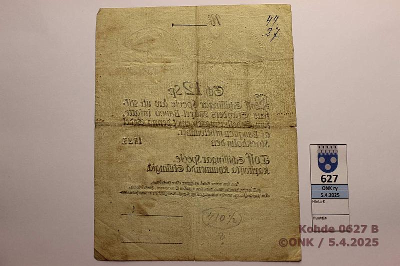 k-0627-b.jpg - Kohde 627 (kuva 2/2), lhthinta: 70 € / ei tarjouksia Ruotsi 12 sk SP 1823 Prep, tahroja, kmj, kunto: 4