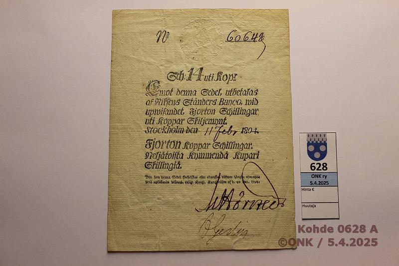 k-0628-a.jpg - Kohde 628 (kuva 1/2), lhthinta: 95 € / ei tarjouksia Ruotsi 14 sk KM 1804 P#A97 N:o 6064? Siisti, kova paperi. Vesileima KOPPAR SKILJE-MYNTS SEDEL, kunto: 5