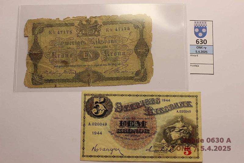 k-0630-a.jpg - Kohde 630 (kuva 1/2), lhthinta: 5 € / myyntihinta: 5 € Ruotsi 1 + 5 kr 1875, 1944 1kr 1875, pehme ja puutteita; 5kr 1944, kunto: 1, 5