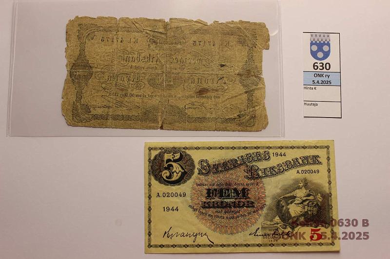 k-0630-b.jpg - Kohde 630 (kuva 2/2), lhthinta: 5 € / myyntihinta: 5 € Ruotsi 1 + 5 kr 1875, 1944 1kr 1875, pehme ja puutteita; 5kr 1944, kunto: 1, 5