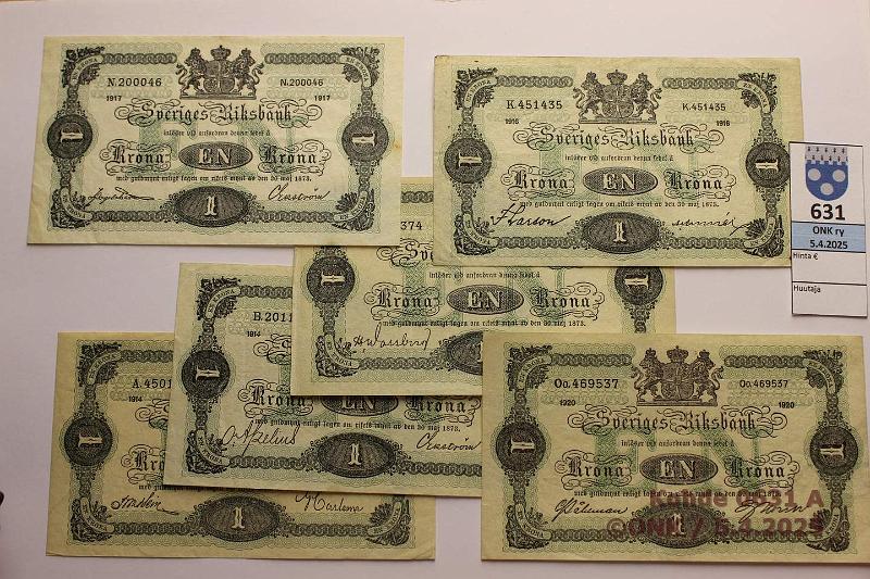 k-0631-a.jpg - Kohde 631, lhthinta: 45 € / myyntihinta: 45 € Ruotsi 1 kr (6) 1914-20 P#32a-d, g 1914(2), -15, -16, -17, -20. Eri allekirjoitukset, kunto: 5