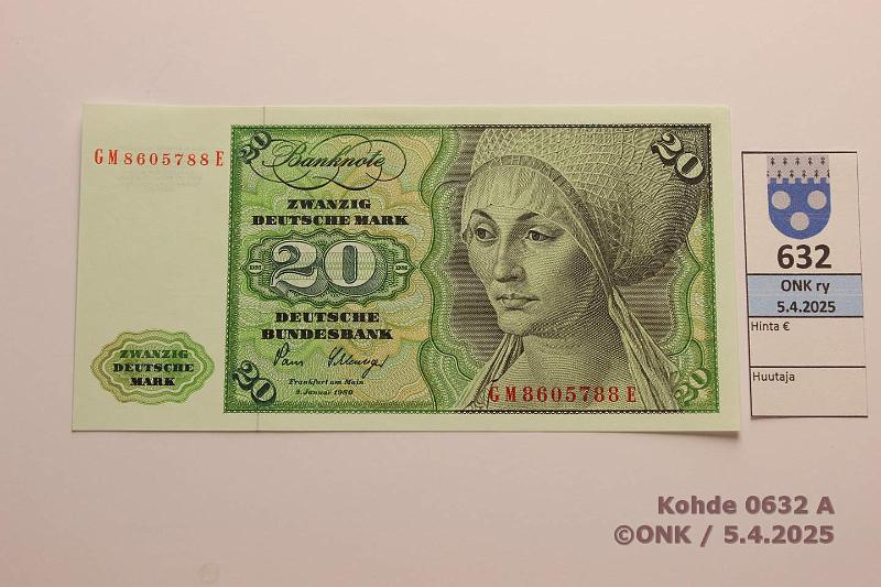 k-0632-a.jpg - Kohde 632 (kuva 1/2), lhthinta: 30 € / ei tarjouksia Saksa 20 mk 1980 P#32d Viiran painumat, kunto: 9