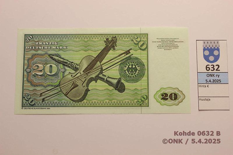 k-0632-b.jpg - Kohde 632 (kuva 2/2), lhthinta: 30 € / ei tarjouksia Saksa 20 mk 1980 P#32d Viiran painumat, kunto: 9